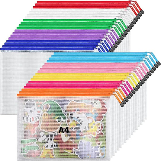 JARLINK 36 Pack 10 Colors Zipper Mesh Document Pouch, A4 Letter Size Mesh Bags for Board Games & Puzzles, Waterproof Document Zipper Pouches for Office School Supplies, Toys, Cosmetics Travel Storage