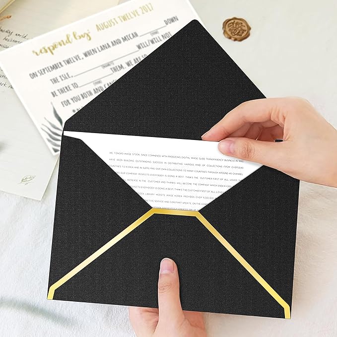 60 Pack Gold Envelopes 5x7 Bluk Black, 250G Pearled Cardstock A7 Envelopes for Invitations Business Mailing Envelope with Gold Foil Border, A6 4x6 Envelopes for Wedding Baby Shower Cards