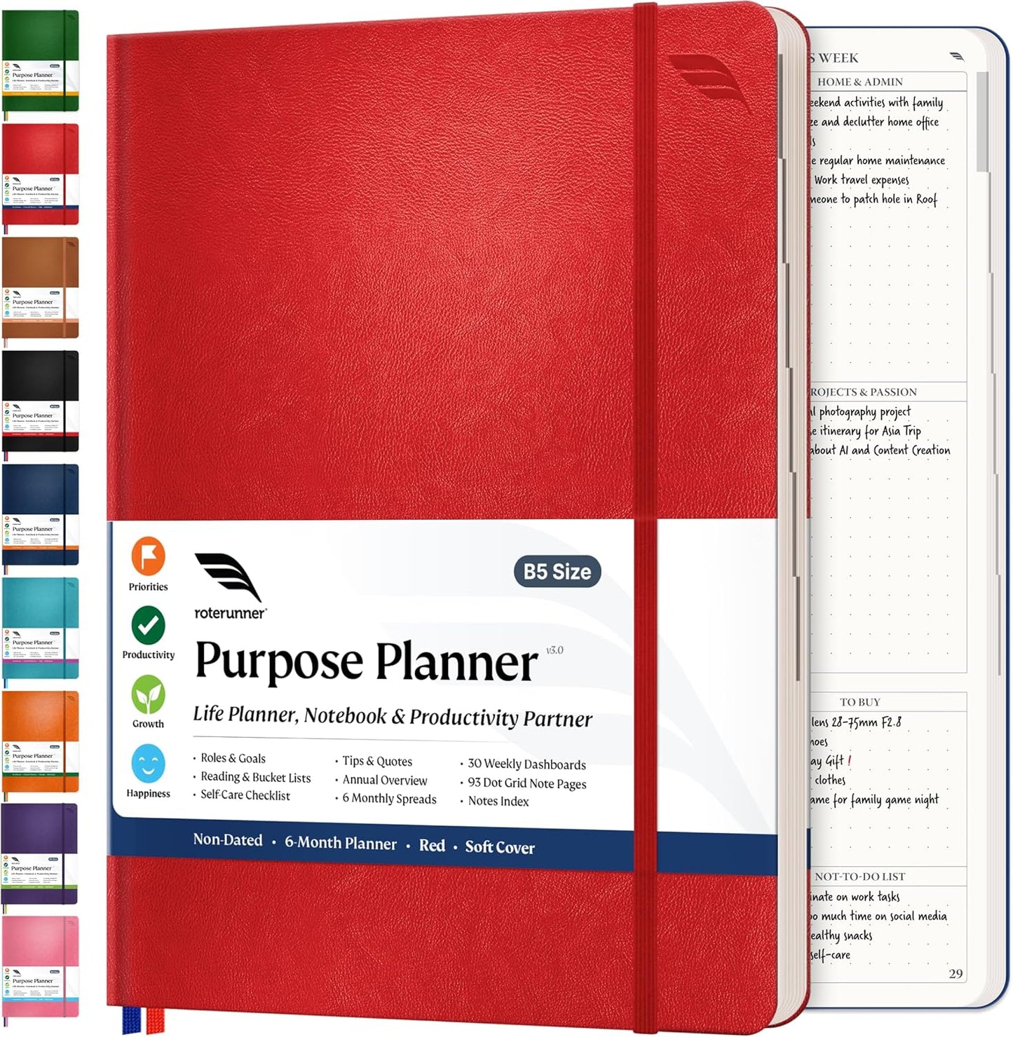 Roterunner Purpose Planner Notebook B5 7.5”x9.8” Undated 2025 Daily Weekly and Monthly Productivity Goal Setting Tool for Work Home ADHD for Adults Self Care Journal