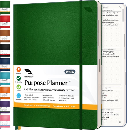 Roterunner Purpose Planner Notebook B5 7.5”x9.8” Undated Planner 2025 Daily Weekly and Monthly Productivity Goal Setting Tool for Work Home ADHD Planner for Adults Self Care Journal