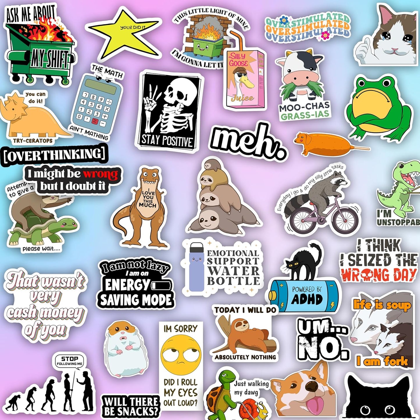 225PCS Funny Holographic Stickers for Adults, Waterproof Vinyl Pack Sarcastic Relatable Meme Decals for Laptop, Water Bottle, Phone, Kindle, Journal, Scrapbooking, No Repeats (225PC Hot Mess)
