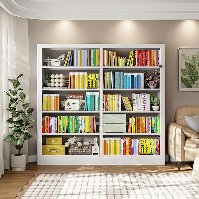5-Tier Bookcase with Adjustable Storage Shelves, Metal Bookshelf with Book Stopper, Bookcase Shelf for Library, Office, Living Room (White-2)