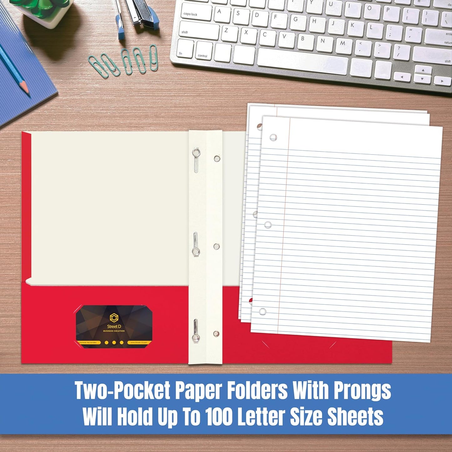 Letter Size Paper Portfolios by Better Office Products, Case of 100, Assorted Primary Colors, with Fasteners (Contemporary, 2 Pocket Paper Folders with Fasteners)