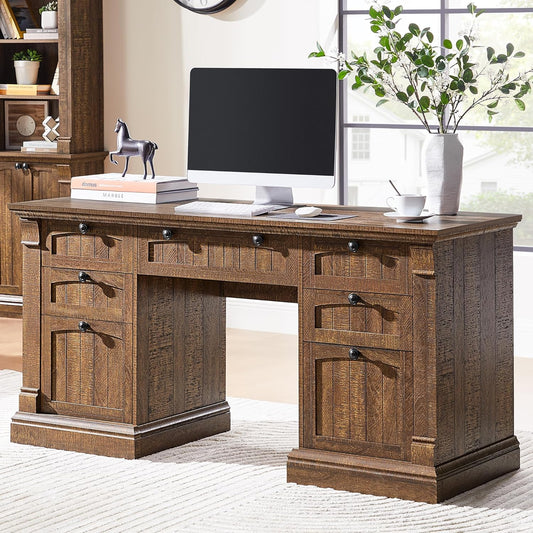OKD 60" Executive Desk with Drawers, Farmhouse Home Office Desk with Charging Station, Keyboard Tray, File Cabinet Storage, Wood Computer Desk for Work and Study, Reclaimed Barnwood