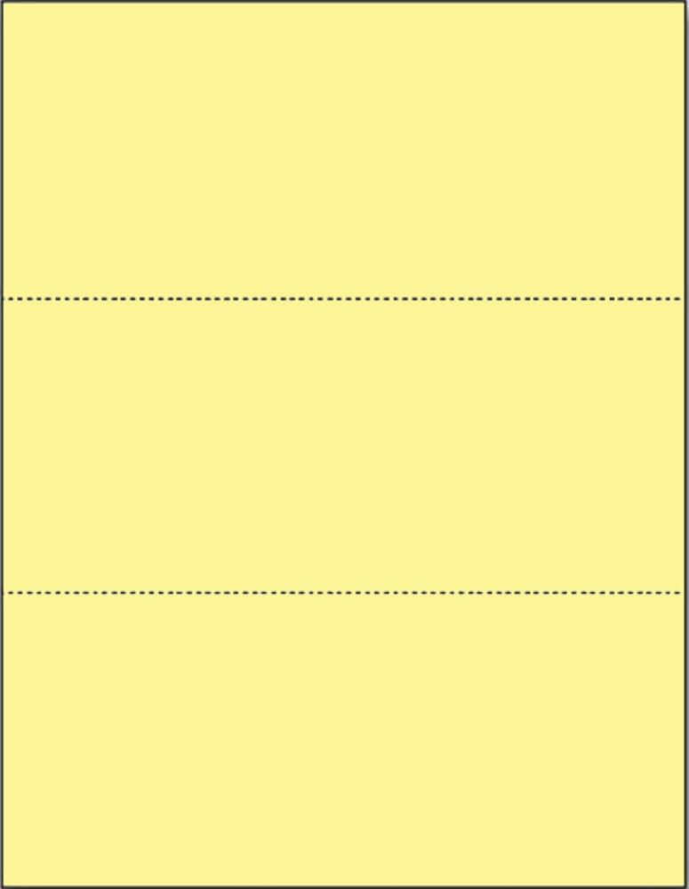 Limited Papers (TM) 8.5x11 Perforated Paper, 20/50 Pound, 75 GSM, Variety of Perforation Sizes and Colors, for Forms, Tickets, Postcards. (Canary, 3 up - horizontal 3 2/3" and 7 1/3" from bottom)