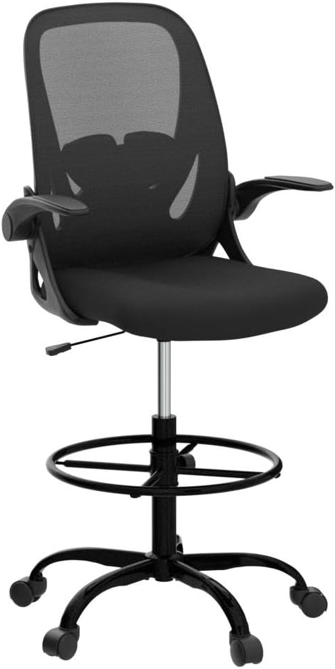 Primy Drafting Chair Tall Office Chair with Flip-up Armrests Executive Ergonomic Computer Standing Desk Chair with Lumbar Support and Adjustable Footrest Ring (Black)