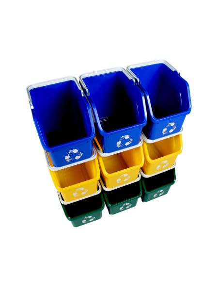 Multi Recycling System with Three Stackable 5 Gallon Bins to Build Your Recycling Center for Offices, Homes, Garages, Businesses (9 Pack, Blue/Yellow/Green)