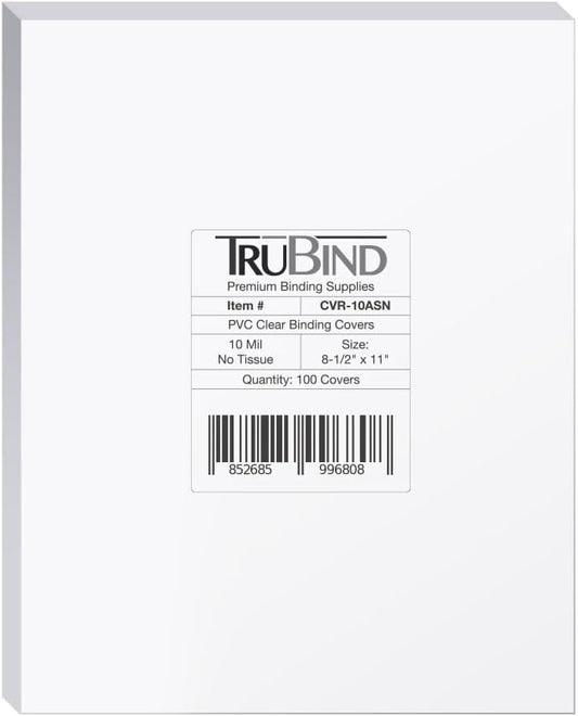 TruBind Binding Covers for Reports and Presentations - Crystal Clear PVC - 10 Mil Thick - Letter Size - 8 1/2 inch x 11 inch - Square Corners - No Tissue Interleaving - 100/Bx (CVR-10ASN)