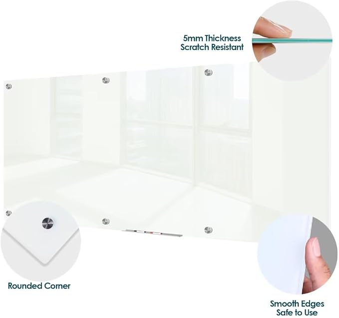 J&J worldwide Glass Dry Erase Board 8' x 4', Glass Whiteboard Magnetic, Large Frameless Glass White Boards for Walls, Includes Magnets, Marker Tray, Eraser for Office, Home, School
