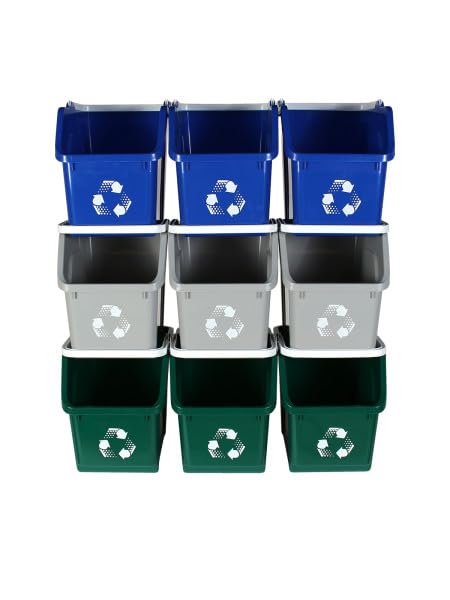 Multi Recycling System with Three Stackable 5 Gallon Bins to Build Your Recycling Center for Offices, Homes, Garages, Businesses - (9 Pack, Blue/Grey/Green)