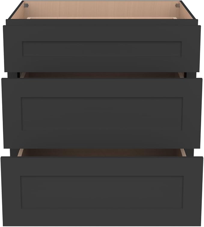 Shaker Style Charcoal Black RTA Base Cabinet with Drawers- Solid Wood 3-Drawer Design with Soft Close, 21" W x 24" D x 34.5" H, Perfect for Standalone Use or Kitchen Cabinet Combinations