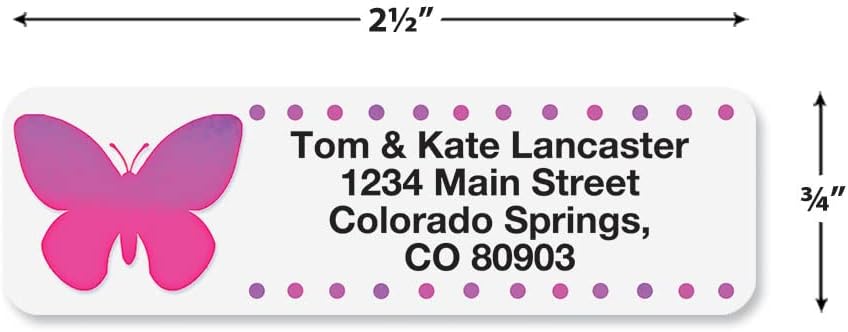 Watercolor Butterflies Rolled Personalized Return Address Mailing Labels with Dispenser, Set of 250, 5 Designs, Small ¾ x 2½ Inch Size, Custom Self-Adhesive Sticker Roll, by Colorful Images