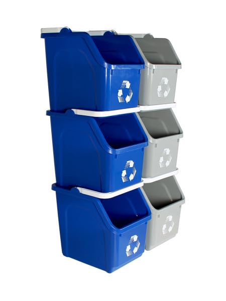 Multi Recycling System with Three Stackable 5 Gallon Bins to Build Your Recycling Center for Offices, Homes, Garages, Businesses - (6 Pack, Blue/Grey)