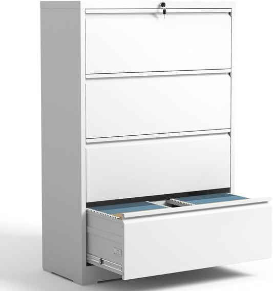 Lateral File Cabinet 4 Drawer, Metal File Cabinets for Home Office Legal/Letter A4 Size, File Cabinet with 4 Lock, Require Assembly, White