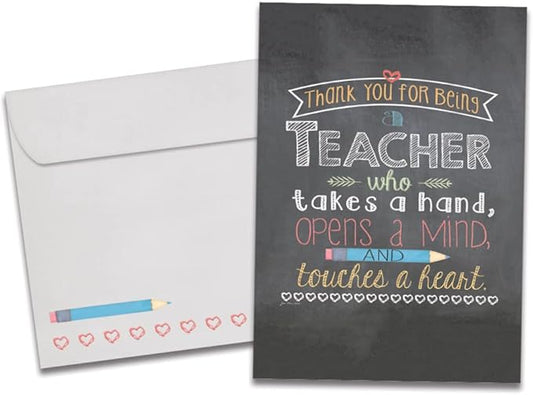 Tree-Free Greetings Teacher Appreciation Cards - Artful Designs - 1 Card + Matching Envelopes - Made in USA - 100% Recycled Paper - 5"x7" - Lighthearted, For Teacher, Teacher Mind and Heart (GO64451)