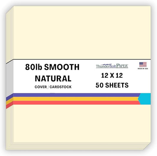 50 Natural Smooth Card Stock Sheets Paper - 12 X 12 Inches Scrapbook Album|Cover Size - 80# (80 lb/pound) Cover Weight - Quality Paper - Smooth Finish