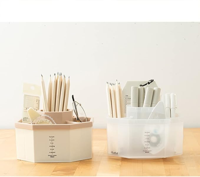 Desk Organizer, 360-Degree Rotating Multi-Functional Pen Holder, 5 Compartments Desktop Stationary Organizer, Home Office Art Supply Storage Box Caddy (Semitransparent)