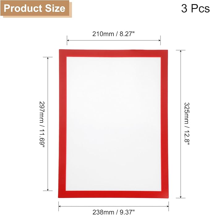 uxcell 3 Pcs Magnetic Sign Holder, 8.3" x 11.7" Self-Adhesive Magnetic Wall Signs Holder Magnetic Picture Frame Document Holder for Home Office Wall Window Displays, Red