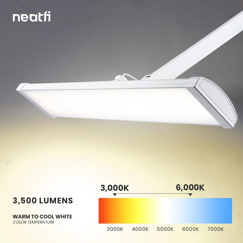 Neatfi Ultra 3,500 Lumen LED Desk Lamp, Color Correlated Temperature, 3 Light Modes, Dimmable, 45W, 26 Inch Wide Metal Shade, 540 SMD LEDs (CCT with Clamp, White)