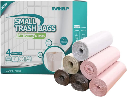 SWIHELP Trash Bags, 4 Gallon / 15 Liters Small Garbage Bags for Office, Kitchen,Bedroom Waste Bin,Colorful Portable Strong Rubbish Bags,Wastebasket Bags 240 Counts