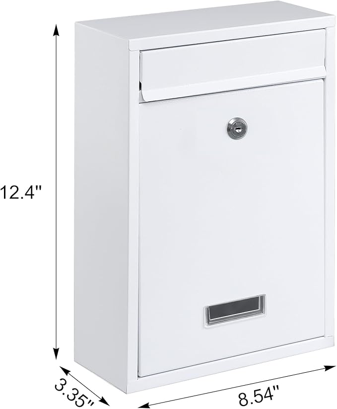 KYODOLED Key Lock MailBoxes for Outside, Locking Wall Mount Mailbox, Security Key Drop Box for Letters Newspapers, Cards, 12.4H x 8.54L x 3.35W Inches, White