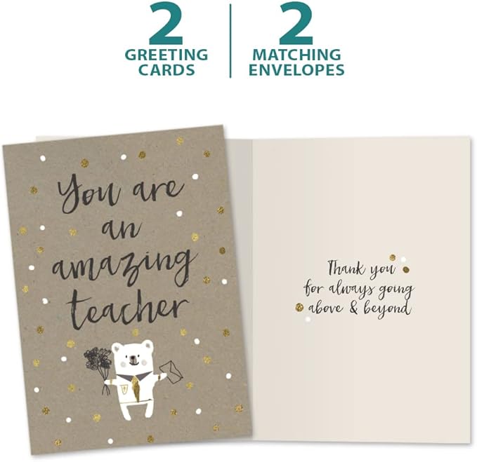 Tree-Free Greetings Teacher Appreciation Cards - Artful Designs - 2 Cards + Matching Envelopes - Made in USA - 100% Recycled Paper - 5"x7" - Heartfelt, For Teacher, An Amazing Teacher (GT64437)