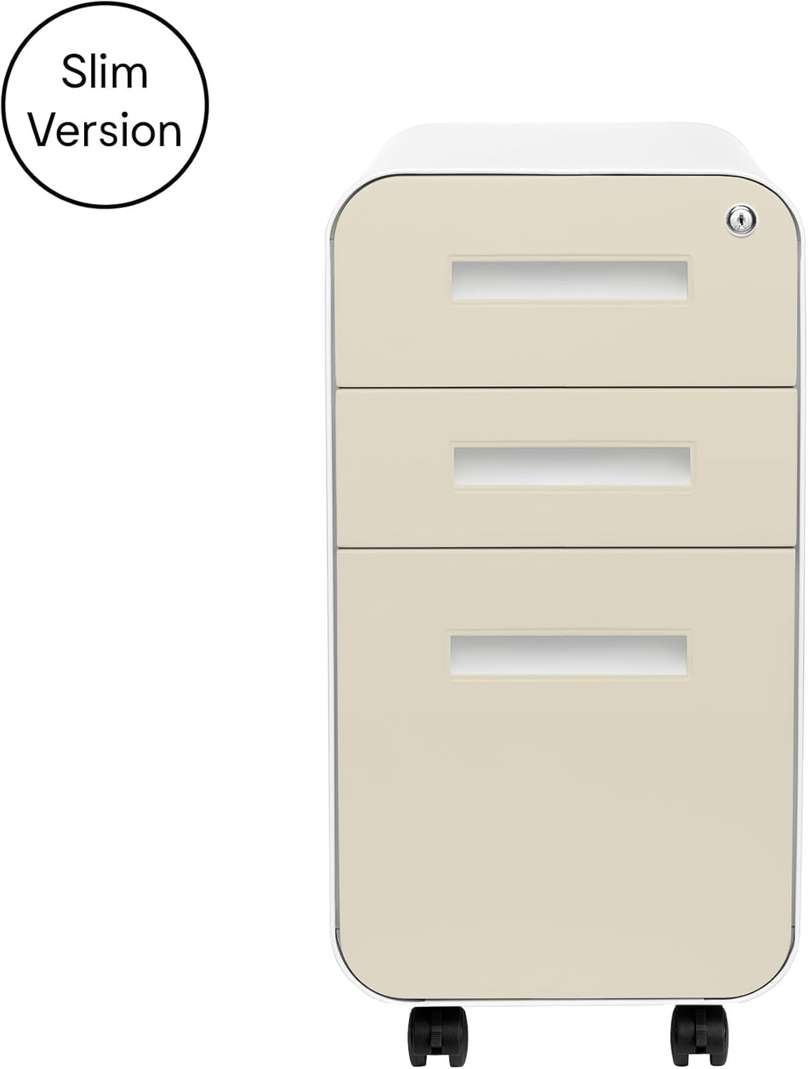 Laura Davidson Furniture Stockpile Slim 3-Drawer Mobile File Cabinet with Lock - Under Desk Metal Filing Cabinet, Legal/Letter File Folders, Wheels & Stationary Feet, Assembled, Ivory Faceplate