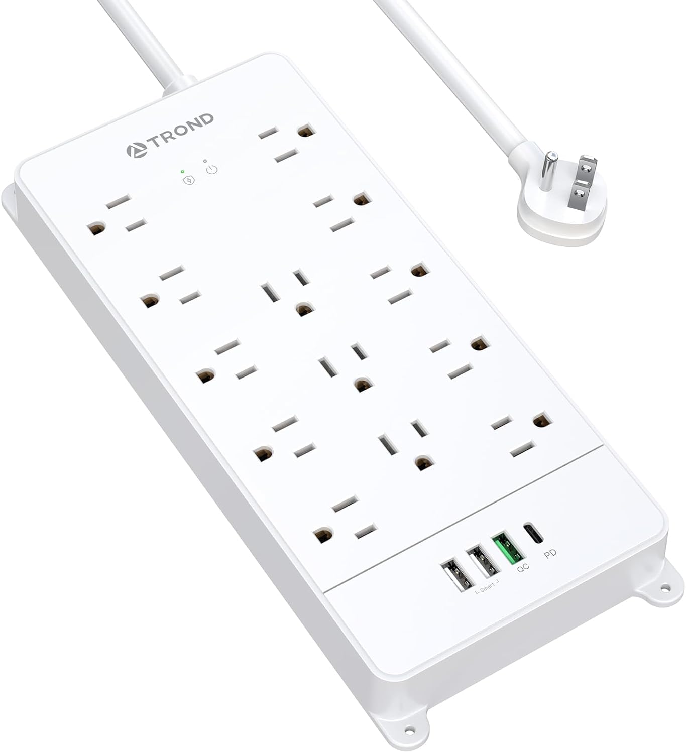 TROND Surge Protector Power Strip with USB C, Flat Plug Extension Cord 5 ft, 13 Wide Spaced Outlets, 4000 Joules, 32W Quick Charge 3.0 &, Wall Mount, Under Desk, Heavy Duty ETL Listed, White
