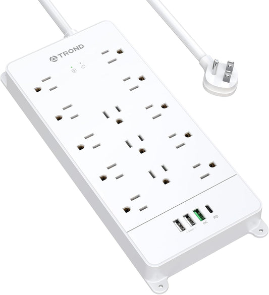 TROND Surge Protector Power Strip with USB C, Flat Plug Extension Cord 5 ft, 13 Wide Spaced Outlets, 4000 Joules, 32W Quick Charge 3.0 &, Wall Mount, Under Desk, Heavy Duty ETL Listed, White