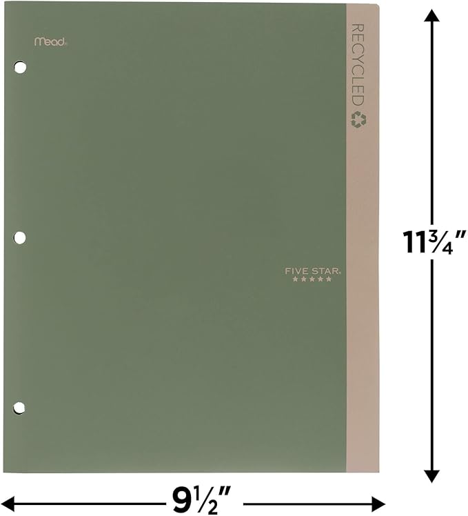 Five Star 2 Pocket Folders, 4 Pack, Recycled Plastic Folders with Stay-Put Tabs and Prong Fasteners, Fits 3-Ring Binder, Holds 11” x 8-1/2” Paper, Writable Label, Clay, Green, Blue, Gray (33002)