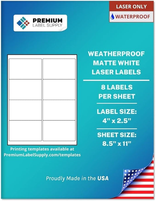 Premium Label Supply Waterproof White Address Sticker Labels – 4" x 2.5" – Laser Printers Only – (8 per Sheet), 25 Sheets - 200 Total Adhesive Labels