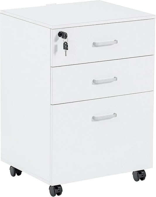 QDSSDECO 3 Drawer Mobile File Cabinet, Rolling Vertical Filing Cabinet fits A4, Legal Paper and Letter Paper for Home Office, White with Lock