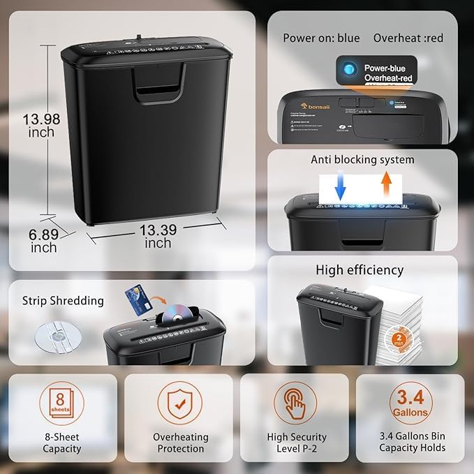 Bonsaii Paper Shredder for Home Office, 6-Sheet Cross-Cut, Shreds Paper, Credit Cards, Mail, Staples & Clips, 3.4-Gallon Clear Bin with Handle