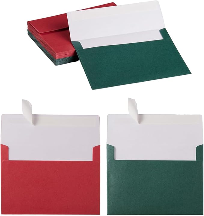 50 Pieces Christmas Envelopes Metallic Color Self Seal Envelopes for Greeting Cards, Invitations, Postcards (Christmas Green/Red, 5x7)