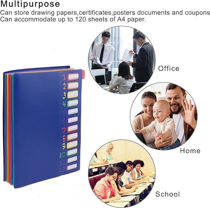 24 Clear Pocket Expanding File Folder with 12 Colored Tabs,Durable A4 Letter Size Organizer,Holds 300 Sheets, Project File Organizer, Numbered Index on Cover,Water-Resistant (Blue)