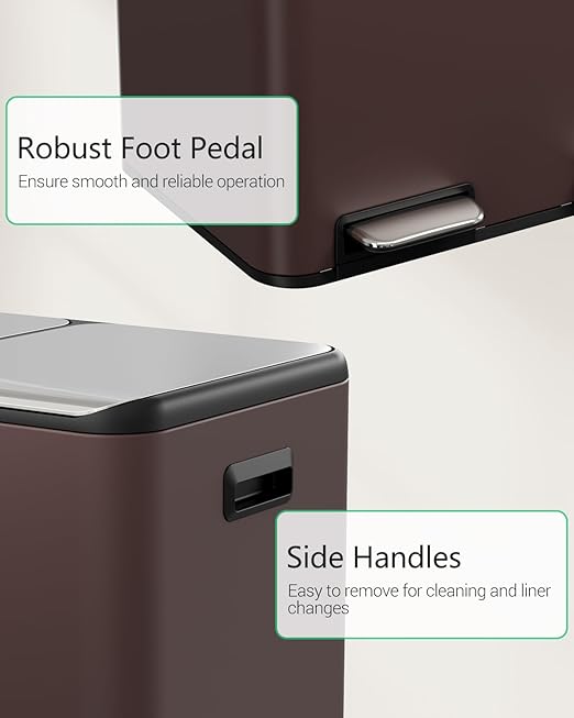 TLSUNNY Kitchen Dual Trash Can, 60L Hands-Free Stainless Steel Garbage Can, Classified Rubbish Bin with Double Compartments, Soft-Close Lid, Inner Bucket, Odor Control (60L) (Brown)