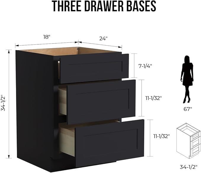 Shaker Style Charcoal Black RTA Base Cabinet -Solid Wood 3-Drawer Design with Soft Close Feature, 18" W x 24" D x 34.5" H, Perfect for Standalone Use or Kitchen Cabinet Combinations