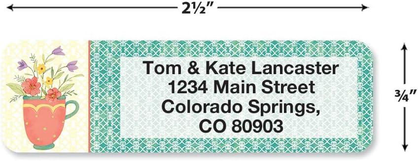 Teacups Rolled Personalized Return Address Mailing Labels with Dispenser, Set of 250, 5 Designs, Small ¾ x 2½ Inch Size, Custom Self-Adhesive Sticker Roll, by Colorful Images