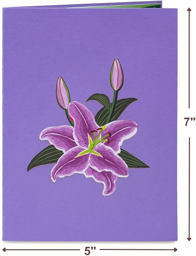 Paper Love 3D Purple Lilies Pop Up Card, Gift for Birthday, Wedding, Anniversary, Mothers Day, Thank You, Get Well, All Occasion or Just Because - 5" x 7" Cover - Includes Envelope and Note Tag