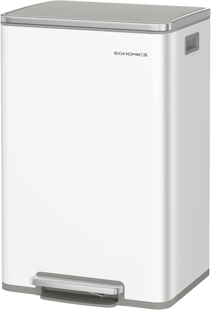 SONGMICS Trash Can, 13-Gallon Gabbage Can, with 15 Trash Bags, Steel, with Soft-Close Lid, Removable Inner Bucket, Handles, Cloud White ULTB595W01V1