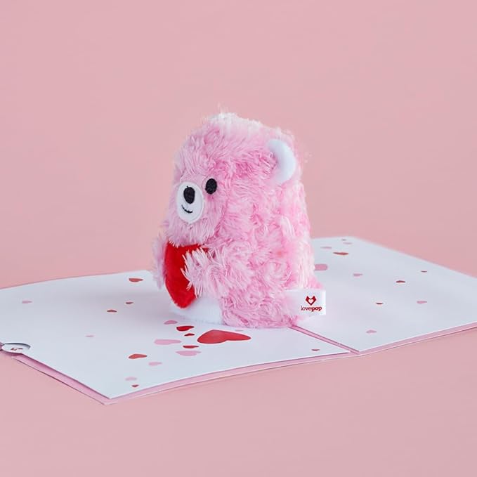 Lovepop Plushpop Soft Animal Pop-Up Card for Her and Him - 3D Bear Everyday Greeting Card for Boys, Girls, Men, Women - Beary Happy - 6" x 8" Card - Pink