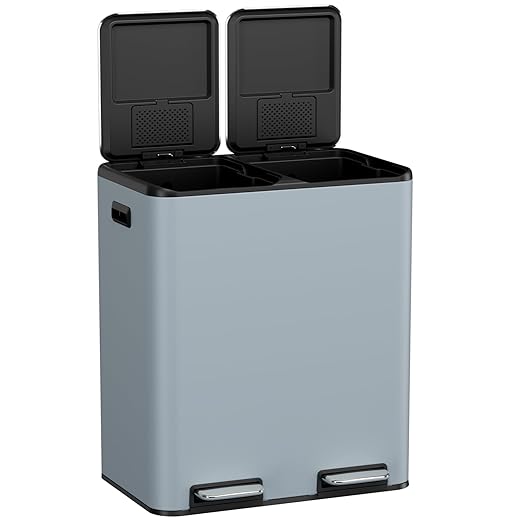 TLSUNNY Kitchen Dual Trash Can, 60L Hands-Free Stainless Steel Garbage Can, Classified Rubbish Bin with Double Compartments, Soft-Close Lid, Inner Bucket, Odor Control (60L) (Haze Blue)