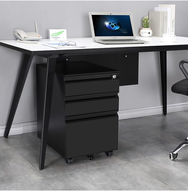 3 Drawer Steel Mobile File Cabinet with Lock for Legal/Letter/A4 Folders, 23.6''H Rolling File Cabinet for Home, Office, Fully Assembled Except Wheels, Black
