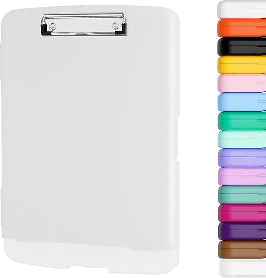 Piasoenc Clipboard with Storage, 8.5 x 11 Organization Box with Pen Holder and A4 Legal Paper Folder, Heavy Duty Plastic, Folio & Side-Opening, Low Profile Clip, for Nurses, Teachers, White