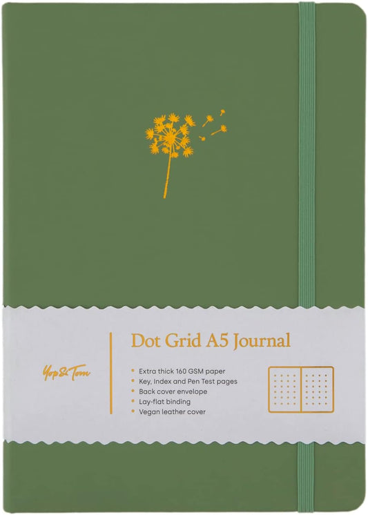 Yop & Tom Bullet Dotted Journal (A5) - Dandelion - Dot Grid Notebook With Extra Thick Paper (160 GSM) - Sage Green