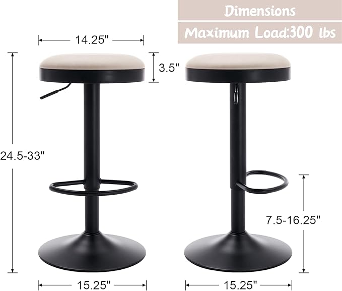 Round Swivel Counter Height Bar Stools Set of 2 Modern Adjustable Barstools Backless PU Leather Bar Chairs Industrial Island Chairs with Metal Base/Footrest for Kitchen Island/Pub/Cafe Beige