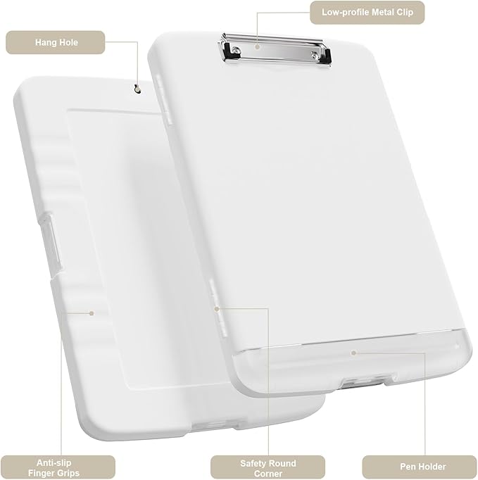 Piasoenc Clipboard with Storage, 8.5 x 11 Organization Box with Pen Holder and A4 Legal Paper Folder, Heavy Duty Plastic, Folio & Side-Opening, Low Profile Clip, for Nurses, Teachers, White