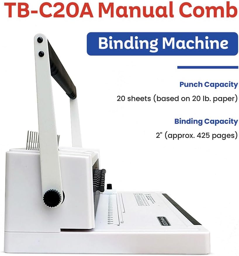 TruBind Manual Comb Binding Machine | Punch up to 20 Sheets | Bind up to 425 Sheets | 21 Fully Disengageable Dies | 19-Ring Comb | 2-Year Warranty