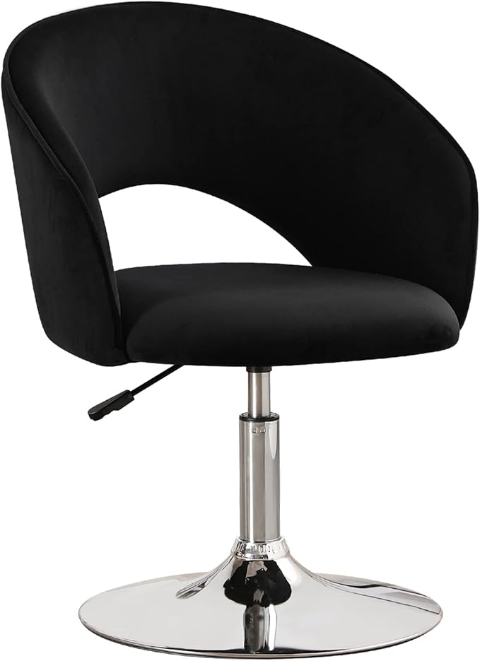 Furnimart Adjustable Black Vanity Chair with Back, Velvet Makeup Chair Swivel Accent Chair with Chrome Frame Hollow Backrest, Side Chair for Living Room, Makeup Room, Bedroom (Black)