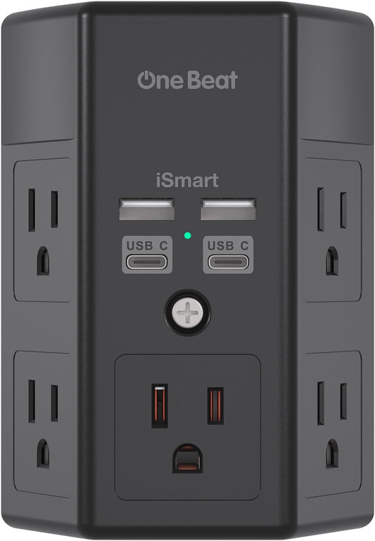 Surge Protector, 5 Outlets Extender with 4 USB Ports(USB C), 3-Side 1680J Power Strip Multi Plug Outlet Expander, USB Wall Charger, Outlet Splitter Adapter Wall Mount for Home Office ETL Listed（Black）